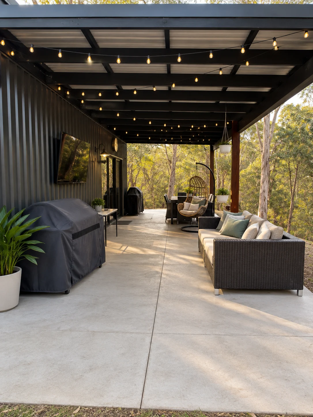 Covered terrace beside the garden guest house with outdoor seating