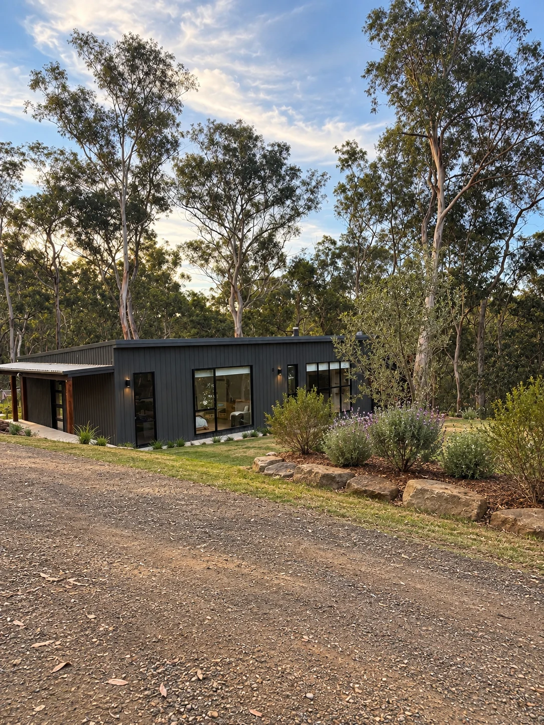 Dark-clad garden accommodation with large windows, landscaped edges and covered terrace