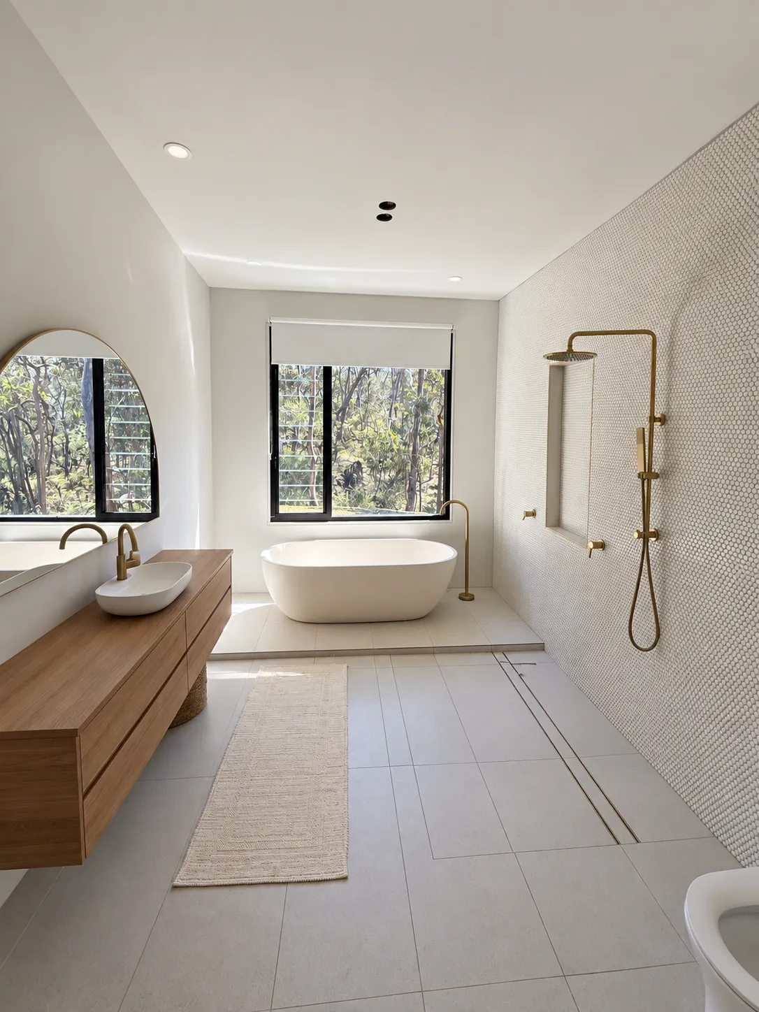 Garden guest house bathroom with freestanding bath and shower