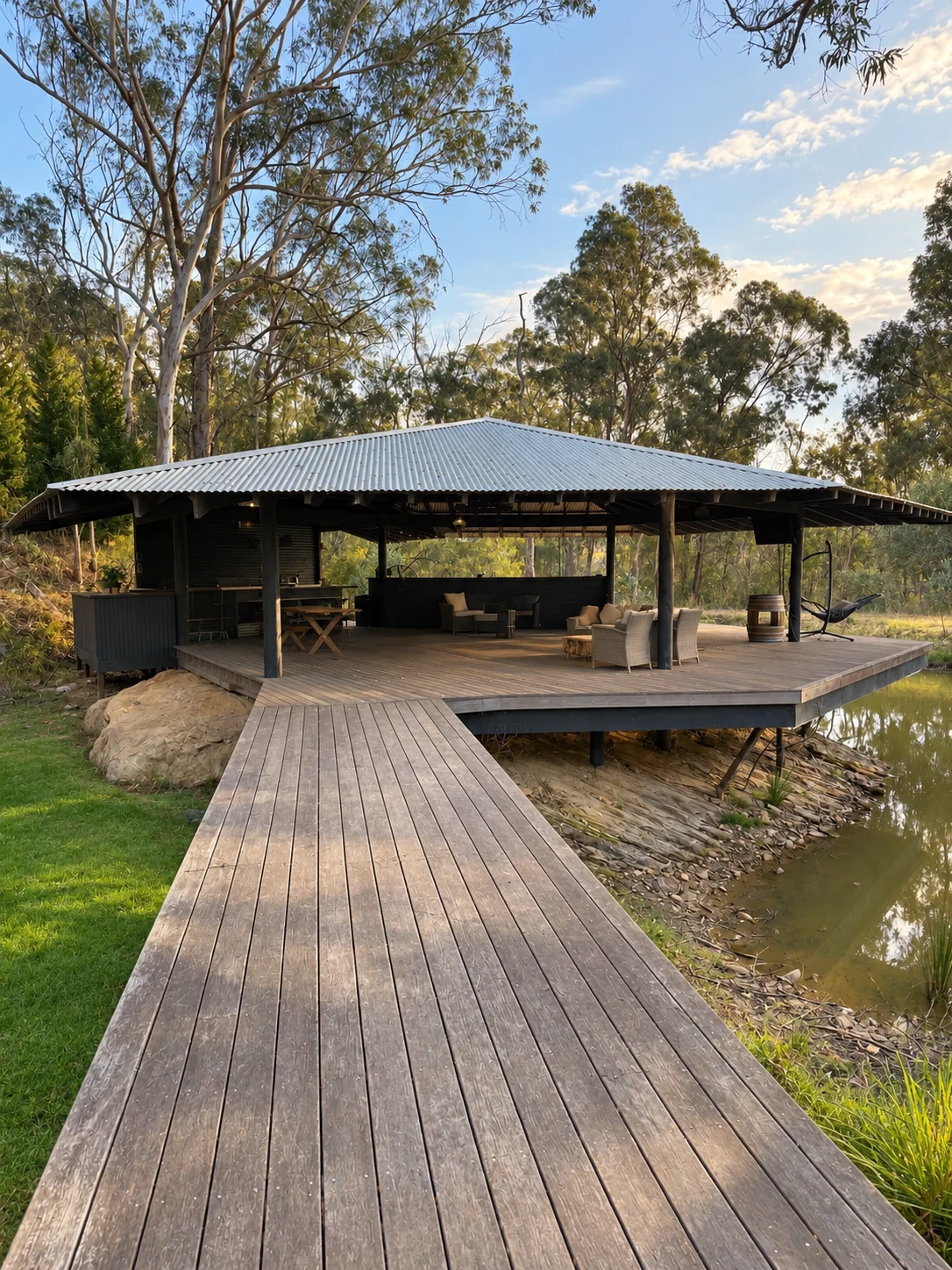 Timber boardwalk leading to the entertaining pavilion