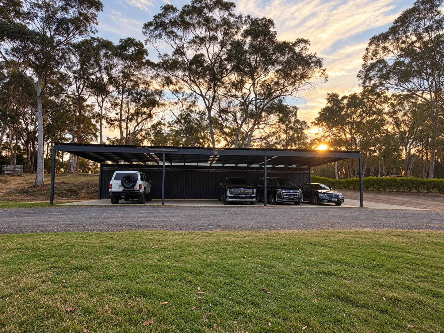 Covered vehicle shelter with parked cars and mature trees at sunset on the property