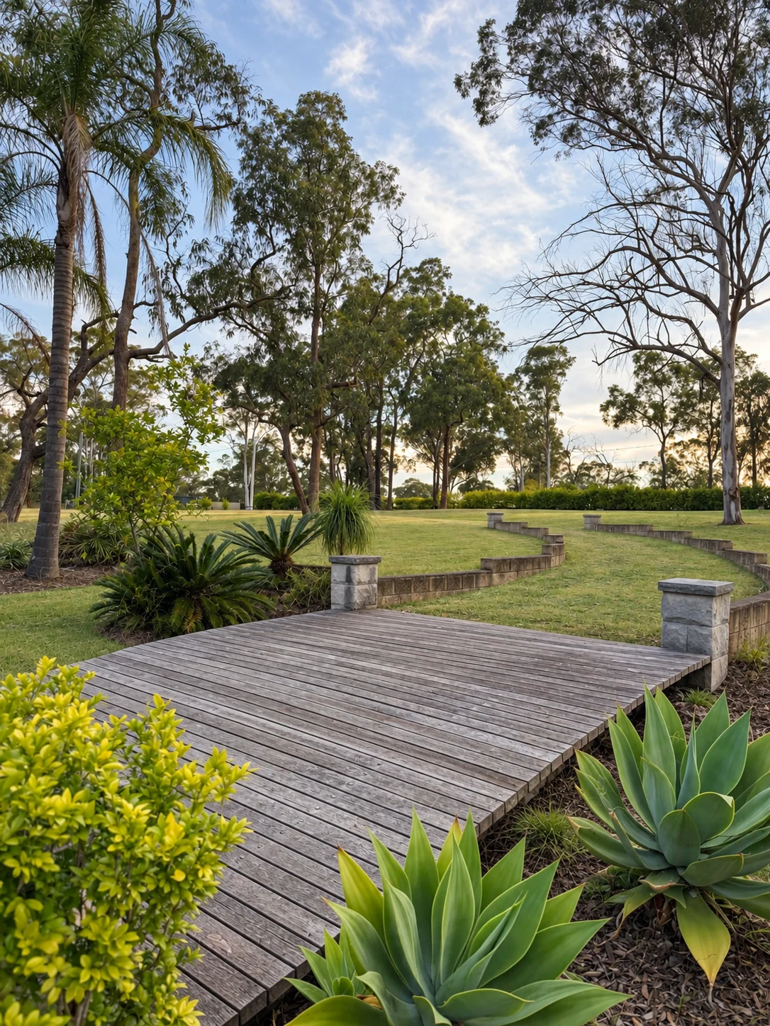 Timber boardwalk winding through the gardens