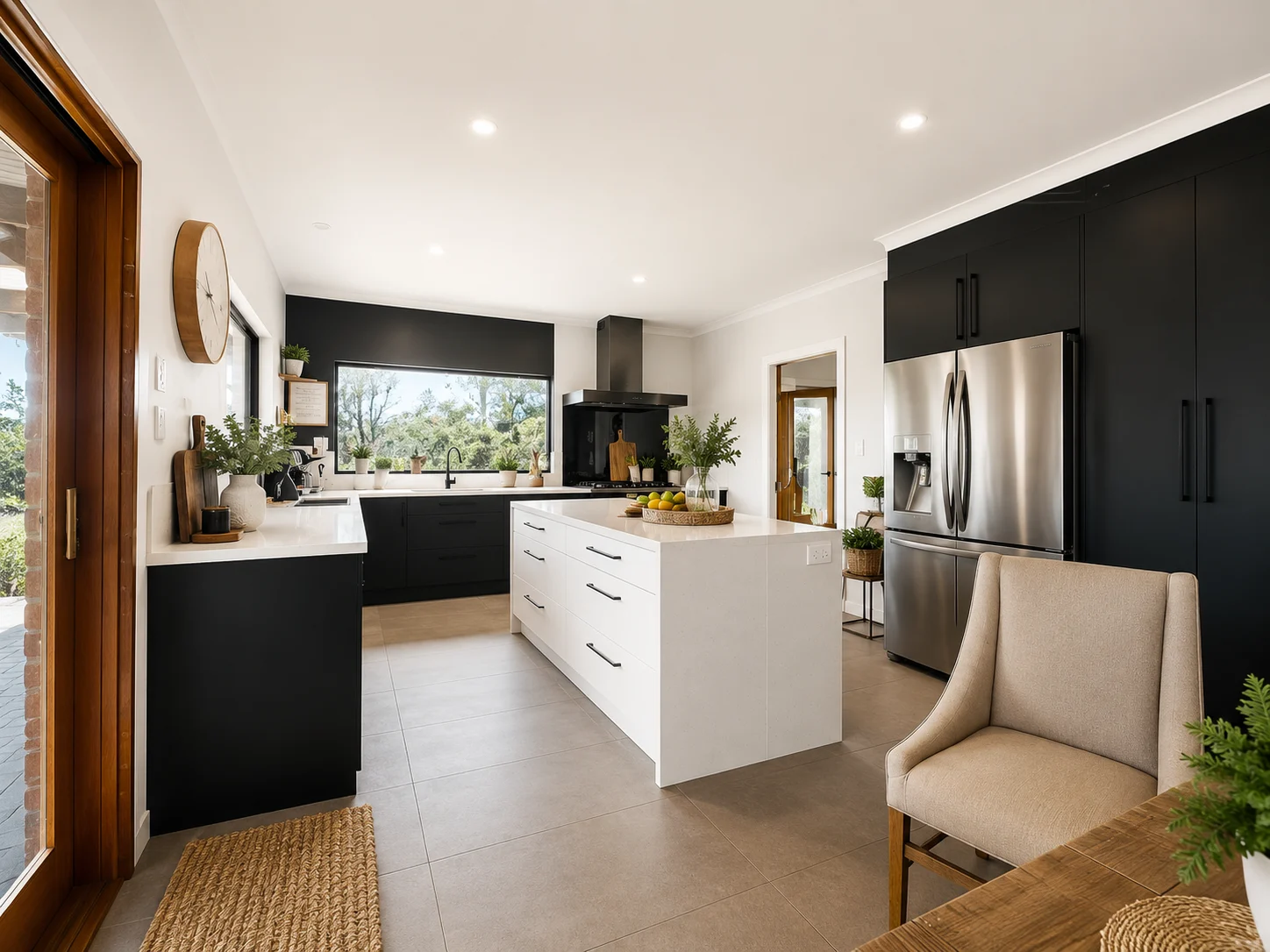 Main home kitchen with island and dark cabinetry